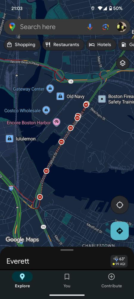 Google Maps traffic view of southern Everett, showing the Alford St bridge shut down and traffic backed up onto the Rever Beach Parkway 