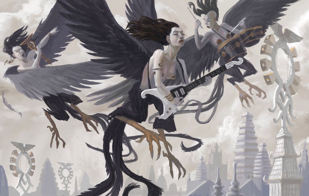 Three female kalavinka, half human-half bird spirits from Buddhist folklore, are flying through the air while playing music. One is singing, one is playing percussion, one is playing electric guitar. Digital painting.