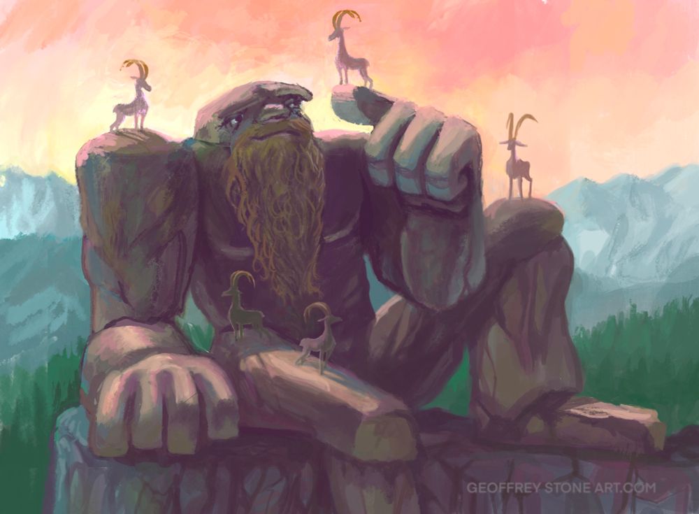 Mountain Troll sits atop a stone cliff. We understand his massive size by the mountain goats that have climbed onto his arms and legs with the corresponding proportion of pet mice climbing on a person. The Mountain Troll has stone-like skin and a green moss-like beard. He smiles as he looks kindly at a mountain goat that has ventured onto his outstretched finger. Digital painting.