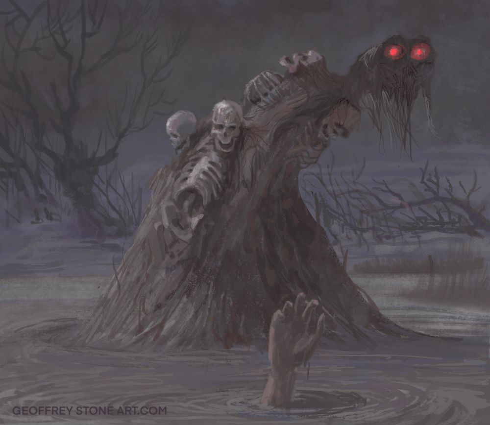 Quicksand Elemental rises from the murky swamp, skeletons of drowned victims are embedded in its body of slimy mud and tangled roots. It looks at you with glowing red eyes. Digital painting.