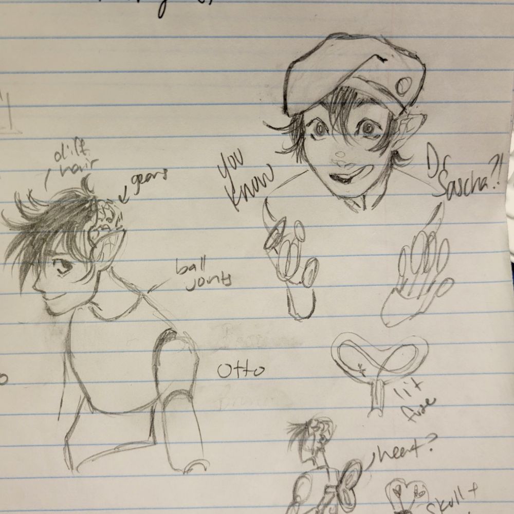 Pencil sketches of a balljoint doll. He wears a soldiers beret. He looks excited saying "you know Dr Sascha?!" His name is Otto