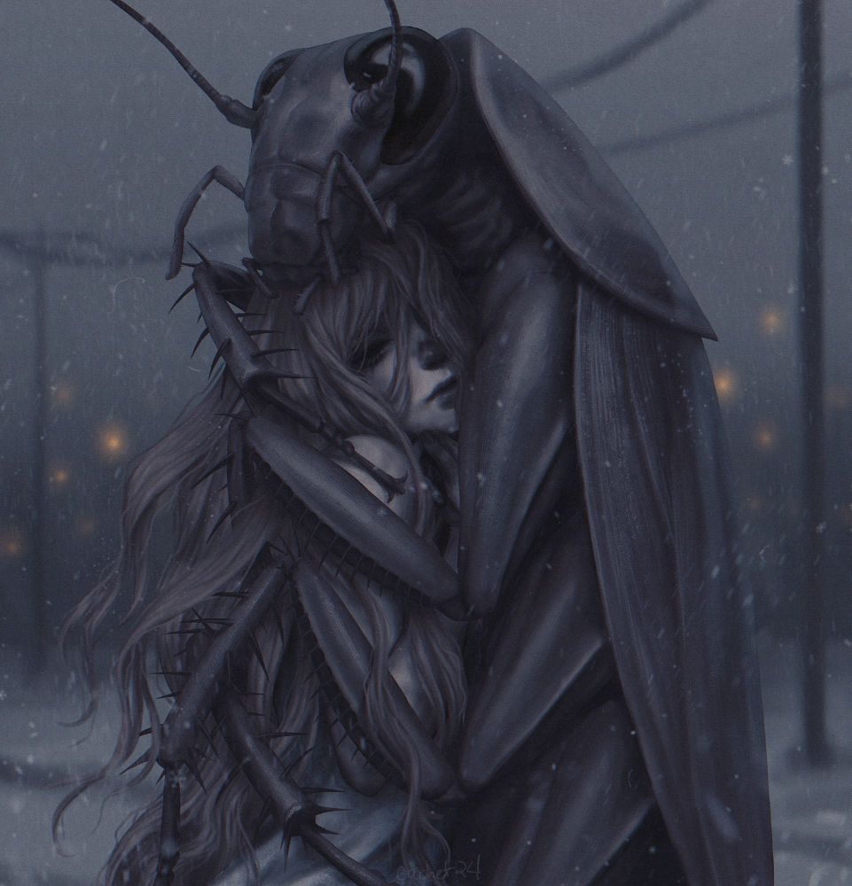 It is cold and snowing outside. A giant cockroach is embracing a girl. She has developed frostbite. Lights glow in the distance; they are a ways away from warmth, from civilization. Like if you want a giant cockroach to encourage you to keep going. Be like a cockroach. Survive against all odds.