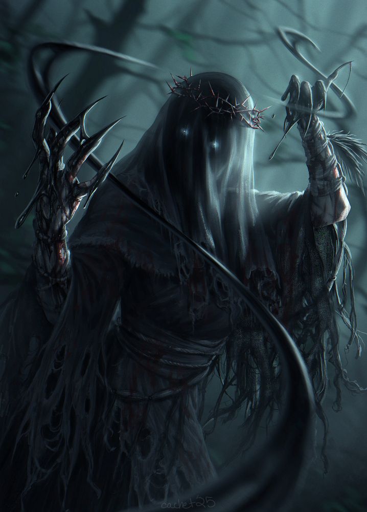 A creepy pagany witch lady, covered in tattered clothing and blood, manipulating some kind of black goo and aiming it at the viewer. The setting is in a misty pale forest
