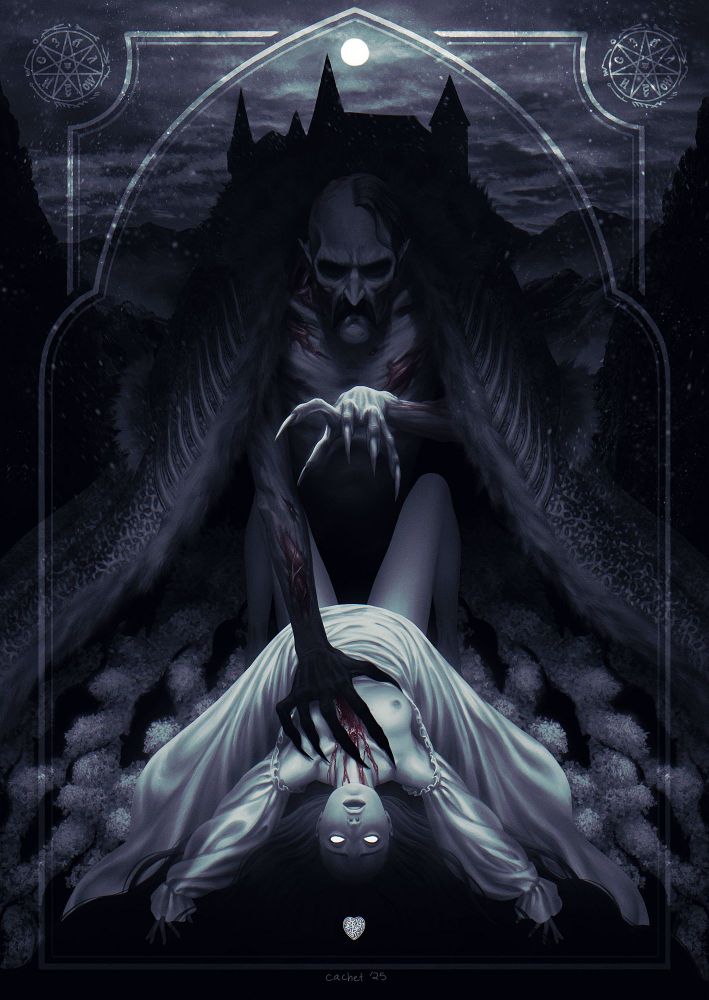 An image of Count Orlok over Ellen, one shadowed hand over her bloody chest and the other held higher above her. Around them is a bed of lilacs and rats are running through them. Behind them is a night sky and his castle above his shoulders.