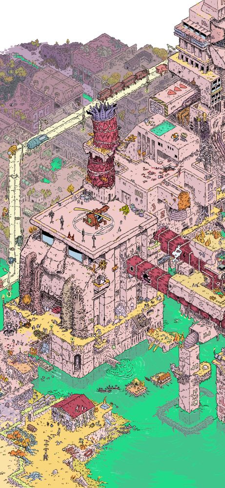 a delightful wimmelbild with hundreds of little figures and weird architecture.