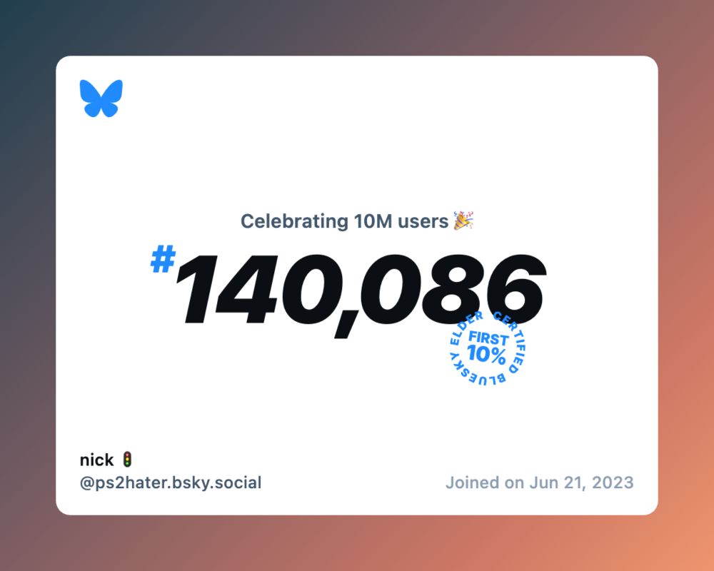 A virtual certificate with text "Celebrating 10M users on Bluesky, #140,086, nick 🚦 ‪@ps2hater.bsky.social‬, joined on Jun 21, 2023"