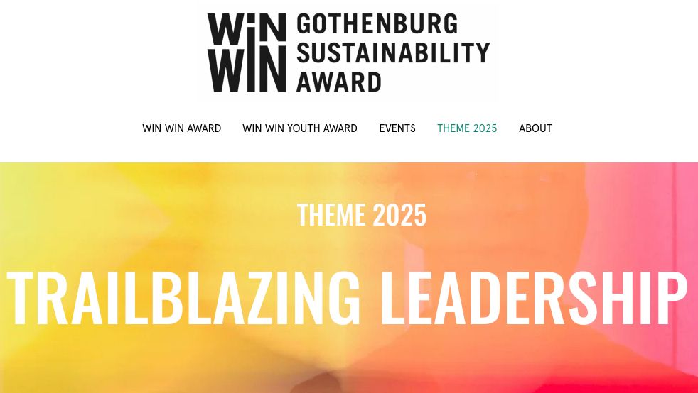 The image shows the logo and branding for the WIN WIN Gothenburg Sustainability Award. Below the logo, there are menu options: "WIN WIN Award," "WIN WIN Youth Award," "Events," "Theme 2025," and "About." The main text on the page reads "THEME 2025: TRAILBLAZING LEADERSHIP," with a colorful gradient background.