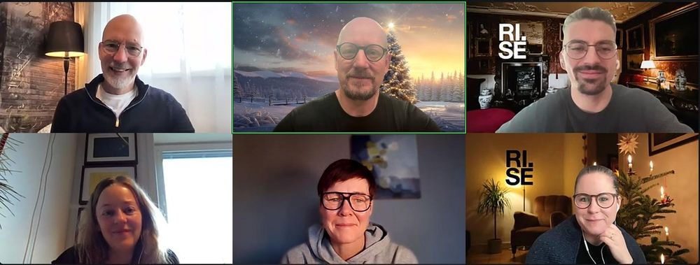 Skärmbilder från ett digitalt videomöte med sex deltagare. En blandning av hemmakontor och juldekorerade miljöer syns i bakgrunderna, med RISE-logotypen synlig i några rutor.