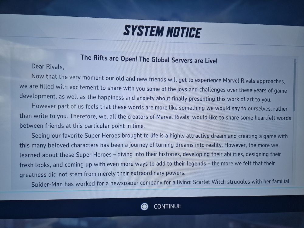Cute System message from Marvel Rivals developers about the things that make a superhero special besides their powers 