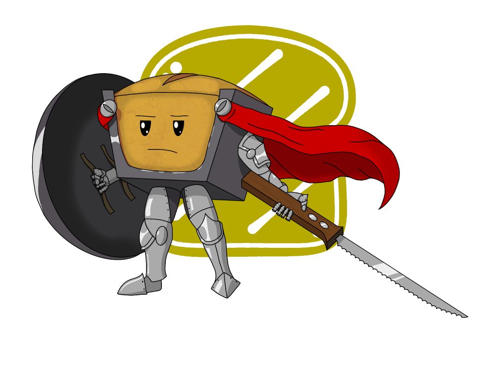 Digital artwork of Pan (OC, he/they), an anthropomorphic loaf of banana bread. Their loaf torso is clad in a pan of armor with a billowing red cloak trailing behind. They wield a bread knife as a sword and pot lid as a shield. The background is white with a symbol of a slice of bread.