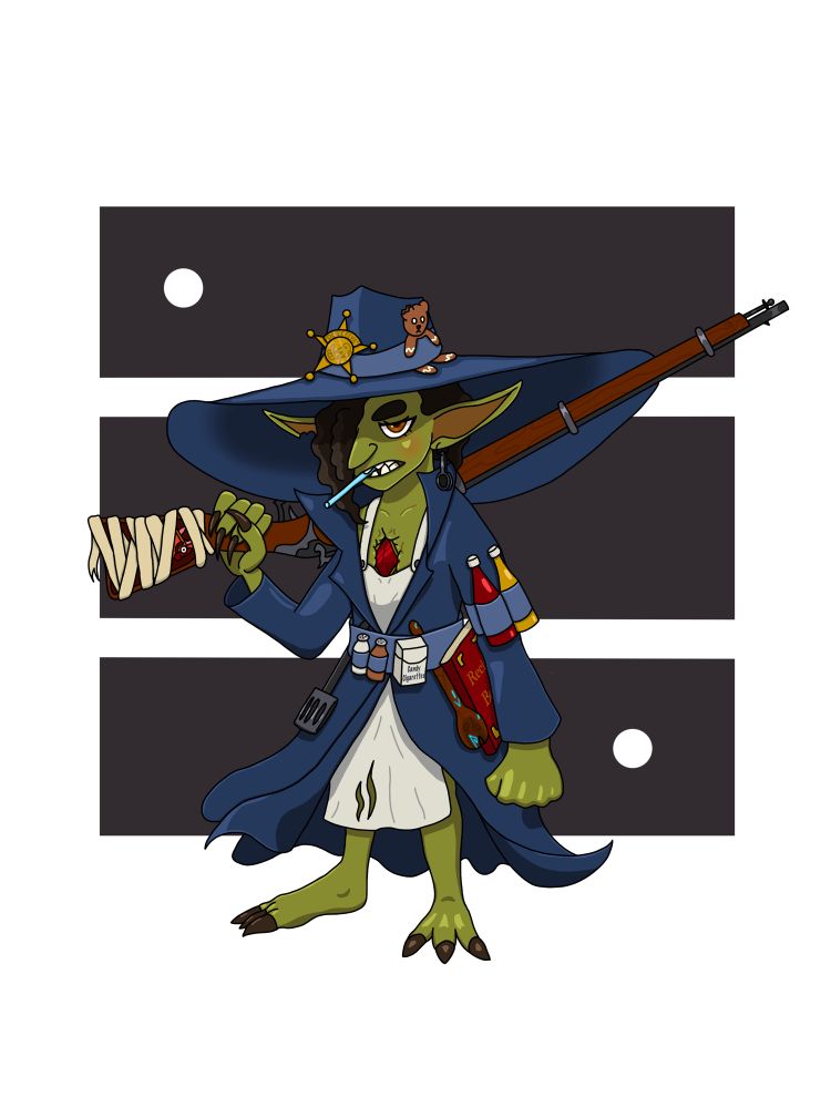 Digital artwork of Terra Misu (OC, she/her), a goblin savant with green skin, long ears, and dark hair. She wears a very large blue brimmed hat with a plastic "Detective" badge and her gingerbread familiar Ginger Bear sitting atop as well. She also has a matching trench coat worn over her chef's apron. The thrumming jewel of Vlaakith's phylactery glows red embedded in her chest. She has ketchup and mustard bottles strapped to her arm, salt and pepper shakers on her belt, and a carton of candy cigarettes with one in her mouth. She also has a spatula, enchanted stirring spoon, and recipe book equipped. She holds a long rifle over her shoulder.
