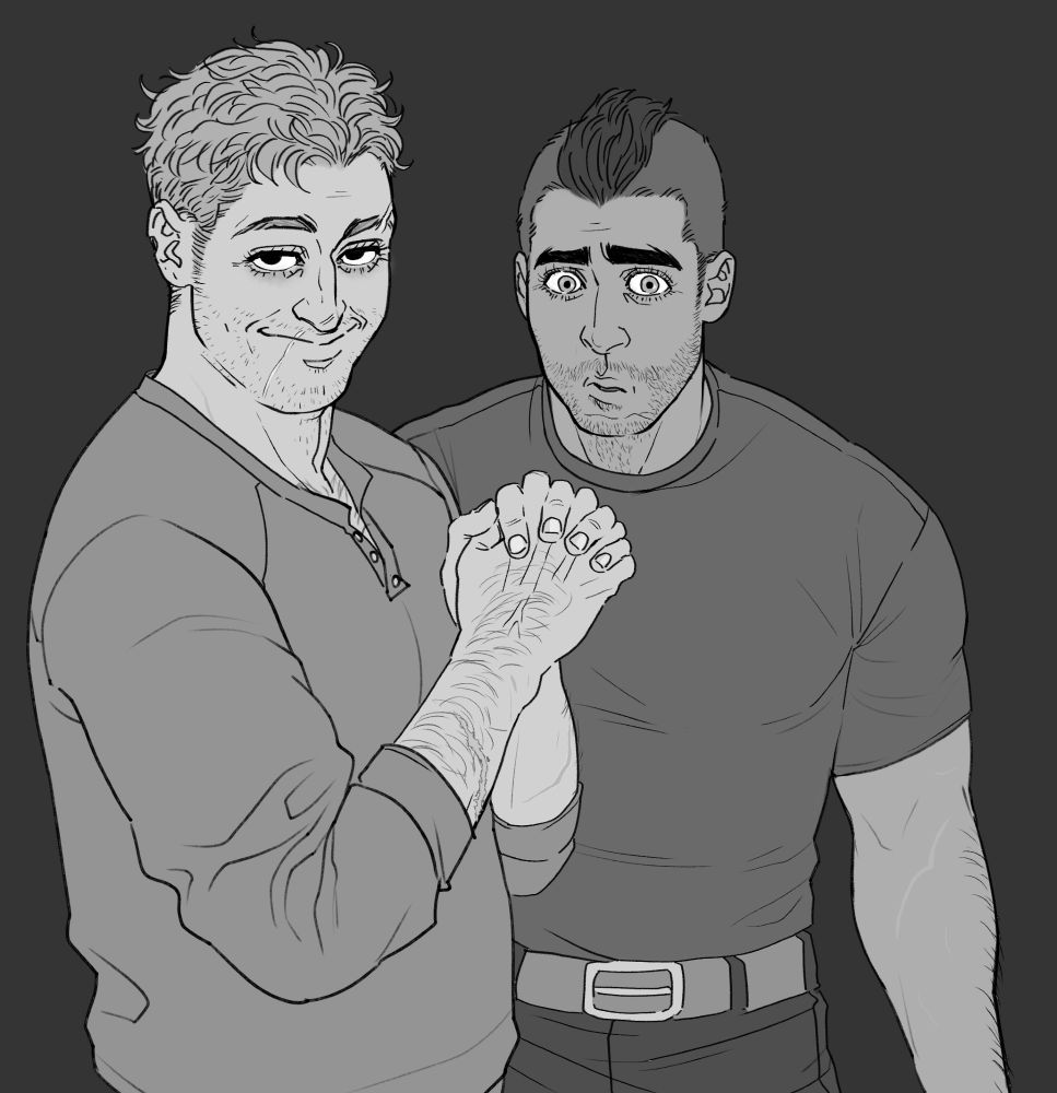 this was some expressions practice and idk if im just actually losing my mind i was laughing the whole time doing it.

Simons got his head locked in just so where hes got his neck skin wrinking, looking on in dead fish eye amusement while his fingers are laced together in front of him like hes about to rub his hands like a little fly
Johnny is also experiencing whatever it is with Simon, a little more concern knits his brows together. He stands in a ready for action almost but uncertain still. Is he concerned about Simon or what is happening? The world may never know.
