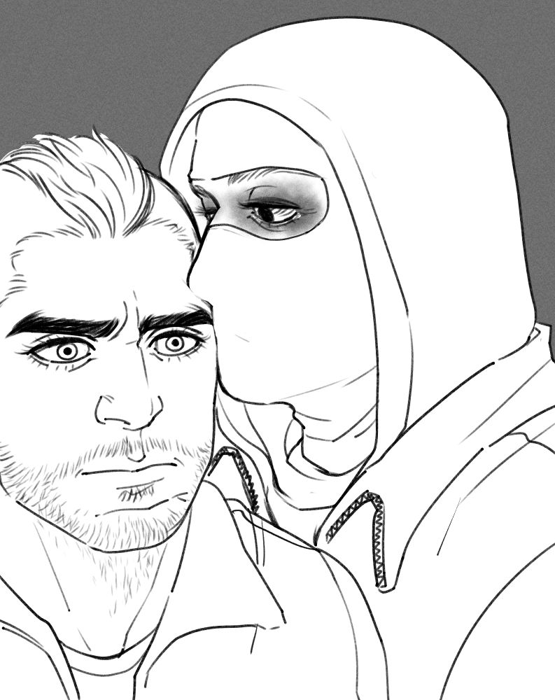 Ghost with his nose pressed firmly to Soaps temple. Ghost is fine, this is normal behavior. Soap looks on to the horizon, wondering how he got into this position.

John MacTavish befriended the Simon Riley in the alley, now he is assuming all physical, emotional, and spiritual needs will be met by the man who went pspspspsps.
