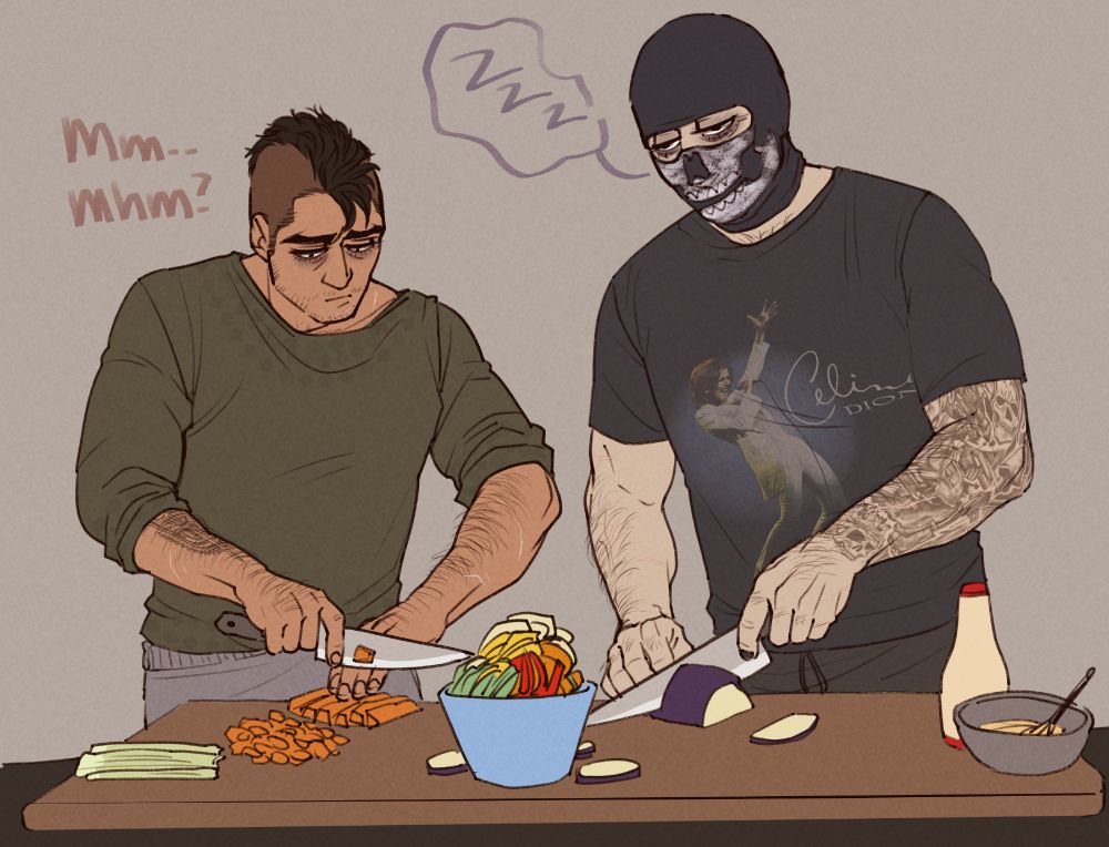 Soap and Ghost from the shooty shooty war bang bang game but DOMESTIC. Together they are exhausted, finally on a leave together, wanting to make a wholesome dinner but they are so very very very, very tired. .... the artist needed inspiration to chop vegetables while very tired after a long day so what better way than to forget the vegetables, and draw your favorite characters doing it instead? yeah thatll solve my lack of meal porbelms.
Ghost is wearing a Celine Dion 1996 Tour thsirt because my theme for them since the beginning has been "thats the way it is" i dont know why, it just clicked in my brain and i can't shake it.