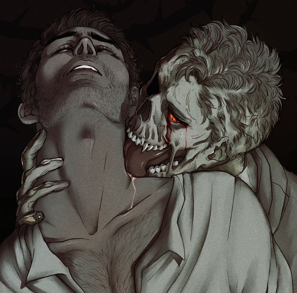 Alternative universe Vampire GhostSoap. Ghost is looking really dehydrated, falling a part a little bit, doesn't have 85% of his face but hes got his tongue at least. Which is sampling Soap's neck meats flavor wise. He ain't biting... YET. Soap is eager to offer up his goods. At least in my book he is. They are much too clean as I'm realizing, I should have busted out the grunge brush, thrown some grime. But alas Nosferatu inspired me so the drama overtook the realism I think.