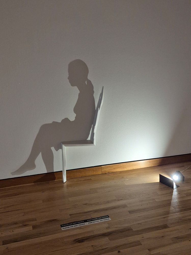 A carved wood sculpture is not what it appears until a strategically located light source is placed on the floor. The shadow reflected on the wall is that of a woman sitting in a chair, legs crossed, hands in her lap. Exhibit at the "Light, Space, and the Shape of Time" exhibition at the Albuquerque Museum.