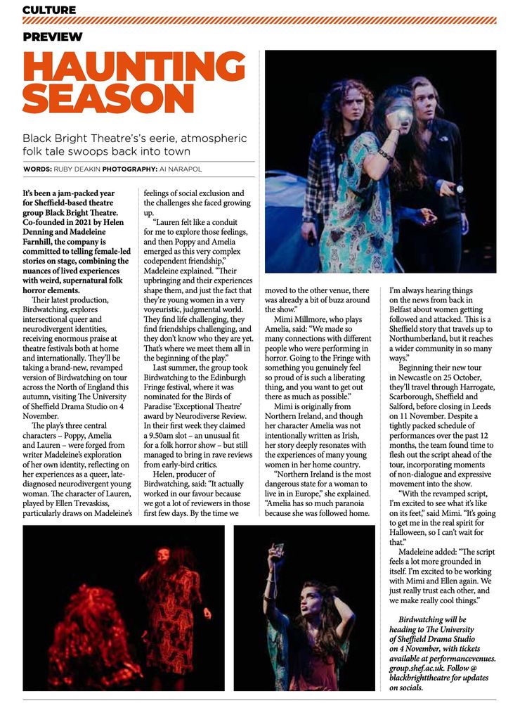 A page of Exposed Magazine featuring a preview piece about the upcoming Birdwatching Northern Tour by Black Bright Theatre Company