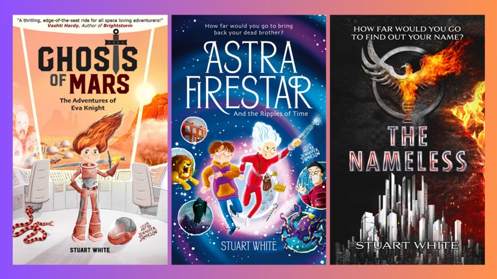 3 book covers on a purple to orange gradient background. Books: Ghosts of Mars, Astra FireStar, and The Nameless.