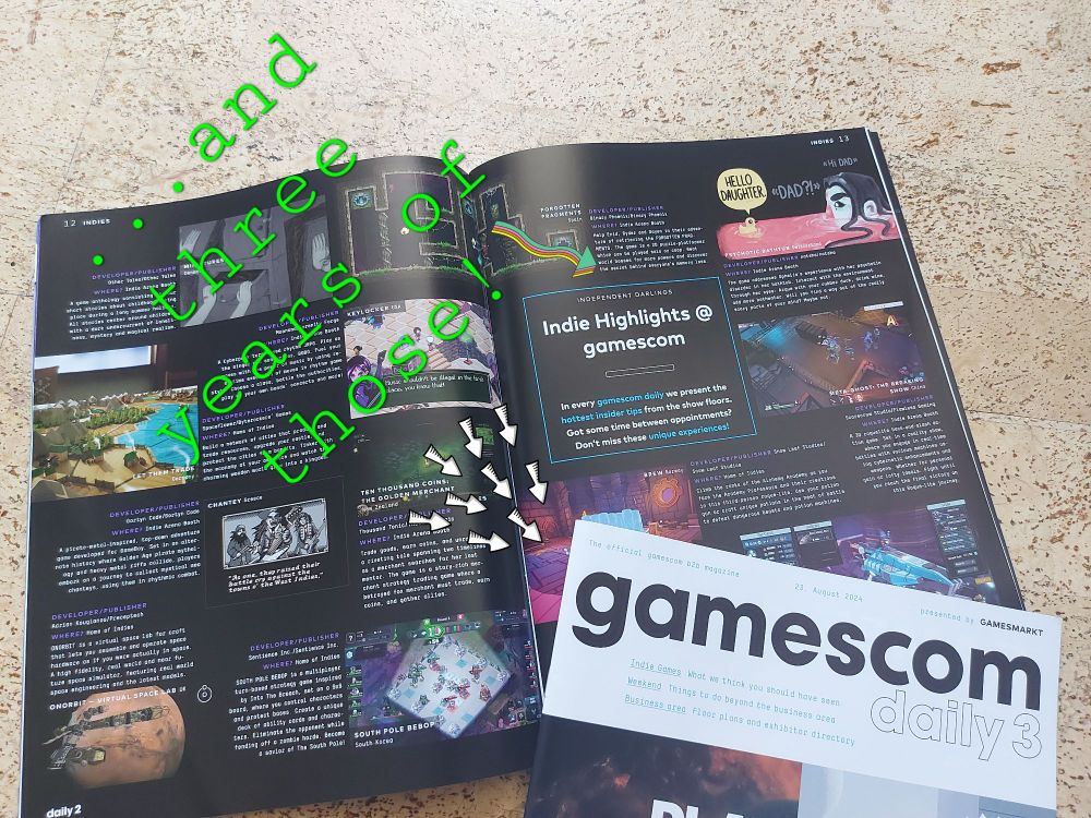 An open and a closed gamescomDaily print issue of which I made three years of three issues. The opened one shows Indie Highlights of gamescom, a section I curated.