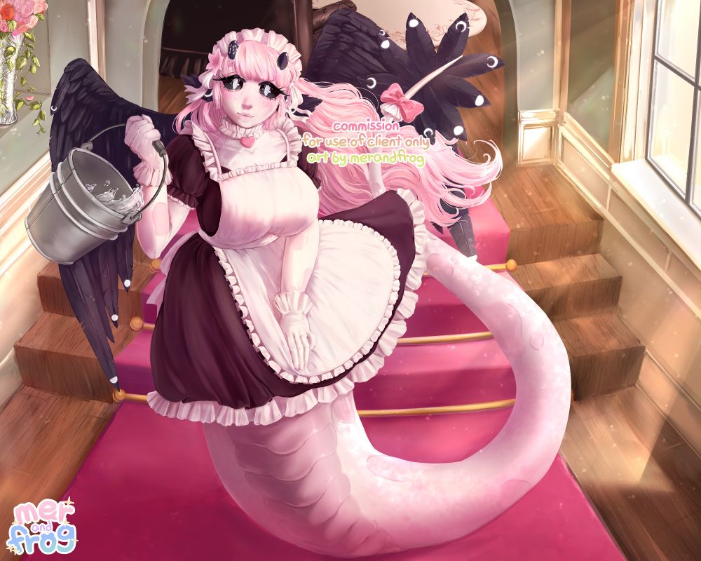 Fully rendered art piece of LuettaLuna's lamia character wearing a frilly maid dress