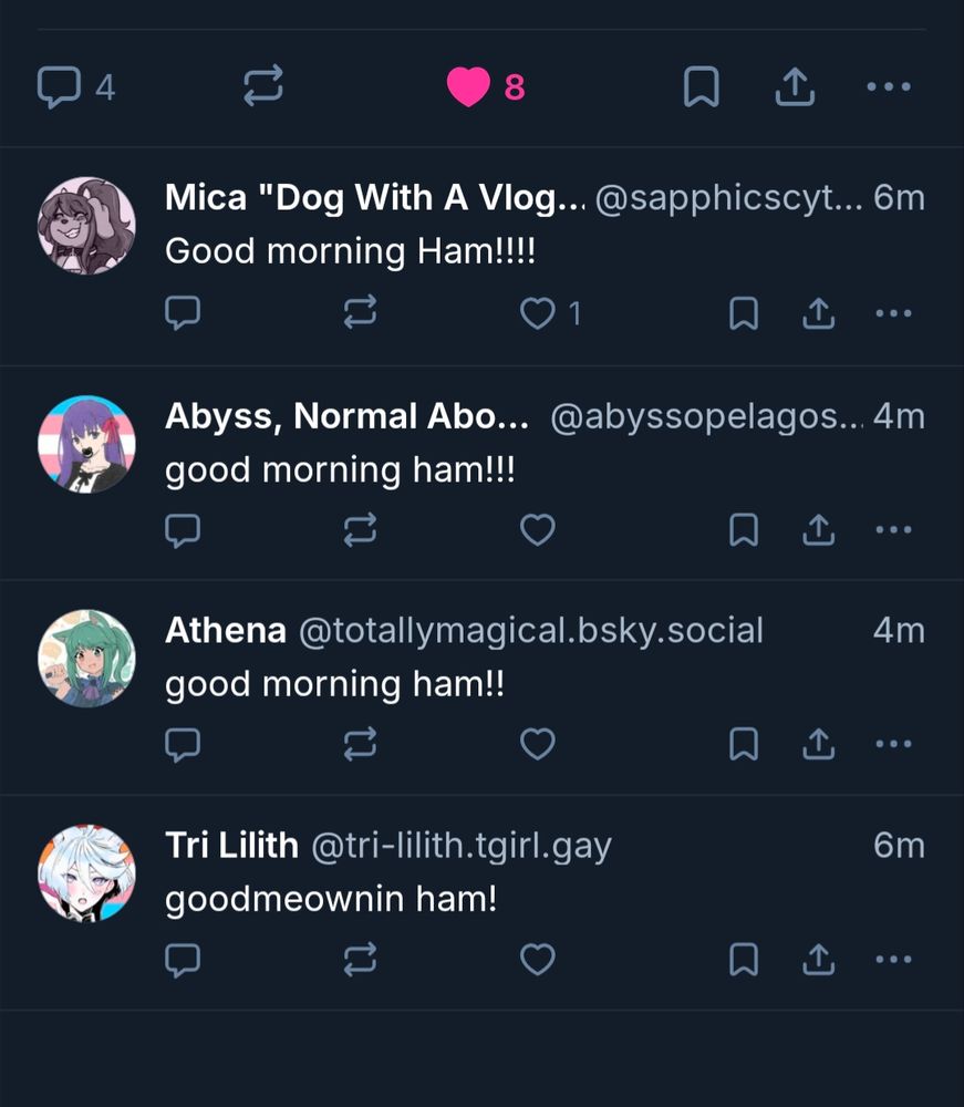 Screenshot of replies to Ham, all wishing good morning with a descending number of exclamation points
