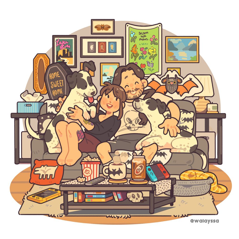 Illustration depicting a lovely couple in their living space. They are all cozied up on their couch, with their 2 black and white dogs. There's popcorn, a coffee mug and a can of root beer on the coffee table. There's also various board game boxes under the table. There are various posters and frames behind them on the wall. 