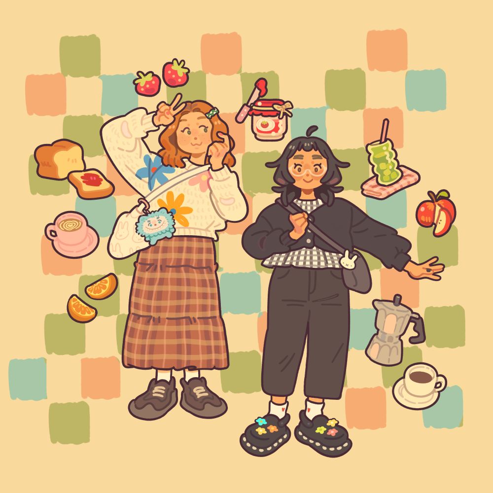 Illustration depicting two friends side by side. One has red hair wears a white sweater with flowers on it and a plaid skirt. The other has black hair and wears an all black outfit and wears glasses. They are surrounded by little pastries, coffee, strawberries and jam.