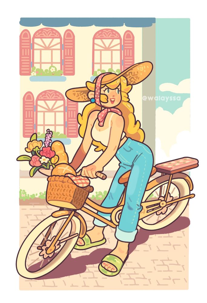 Illustration depicting a version of Princess Peach, with a casual oufit - a white top, blue jeans and green slippers. She's on her vintage bike taking a stroll on a sunny day, and just stopped to look around with a smile. While carrying bread and fresh pink flowers on the bike's basket. There's a building behind her, with pink open windows.