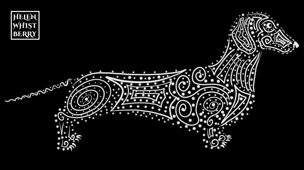 Drawing in white ink against a black background of a long dachshund hound. The animal is drawn with dots and abstract lines to emphasize form rather than being a realistic portrayal.