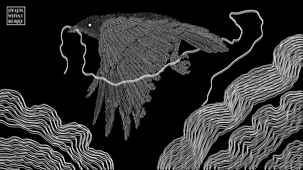 Drawing in white ink against a black background of a crow in profile. It is in flight with its wings extended downward and has a thread in its beak that is unraveling from an abstract line design in both lower corners of the image.