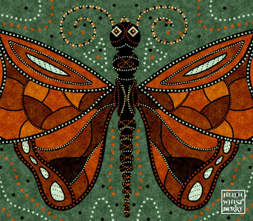 Stylized drawing of an orange butterfly against a green background. The butterfly's wings are patterned in shades of orange and brown with white highlights and it has a black body with light green and orange dots.