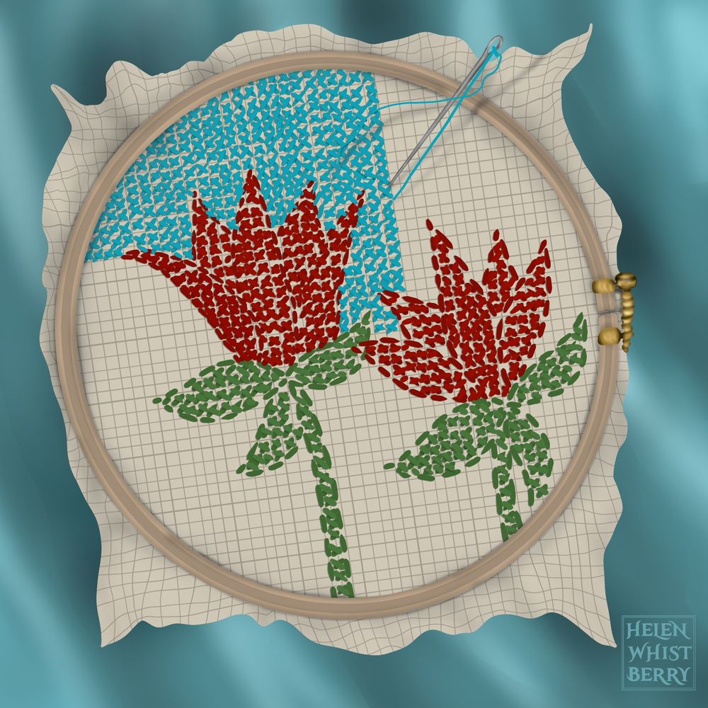 Drawing of a cross stitch pattern of red flowers with green stems in a wooden embroidery hoop. A blue background is partially filled in with stitches and there is a needle with blue thread resting against the hoop.