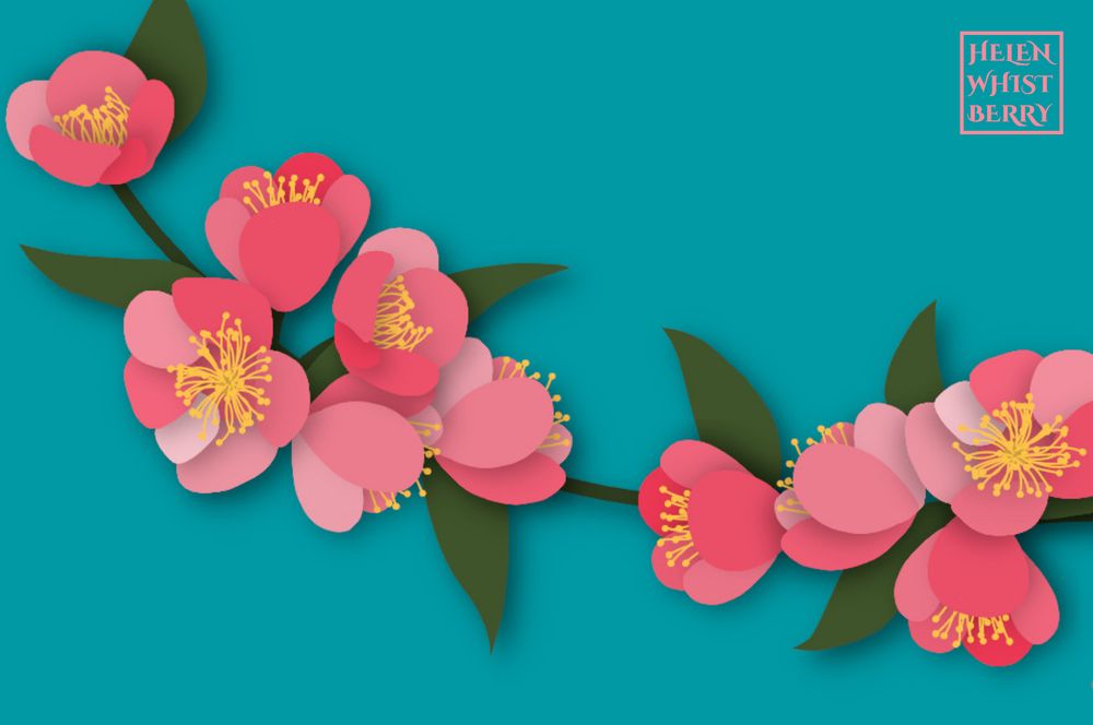 Simple illustration of pink dogwood blooms with yellow centers clustered along a branch with pointed green leaves. The background is a turquoise blue sky.