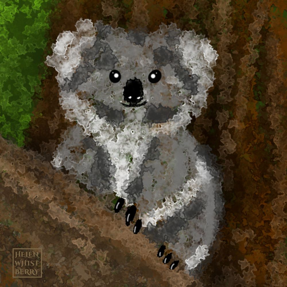 Drawing of a fuzzy gray koala perched in a tree with a sweetly cute expression on its face as it looks out at the viewer with a smiling expression.