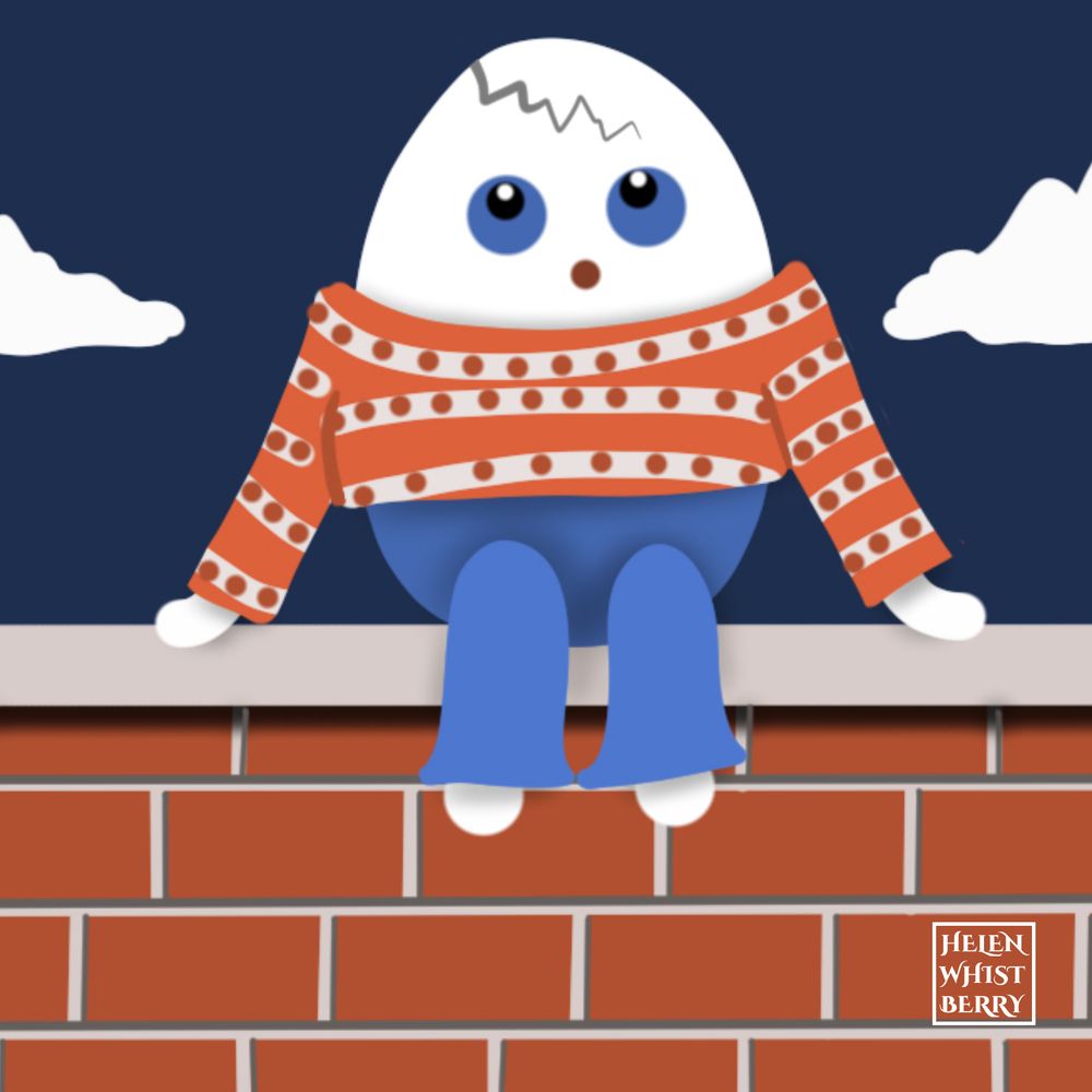 Whimsical illustration of Humpty Dumpty, an egg-shaped person in red striped sweater and blue pants, sitting on a red brick wall with a dark blue sky and white clouds in the background. They are looking upward at a crack that is forming along the top of their head.