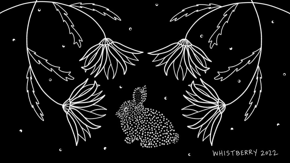 Drawing in white ink against a black background of a small bunny hiding under fantastical looking flowers