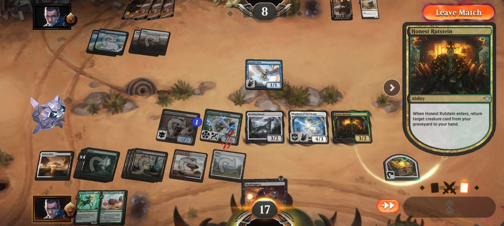 Magic the Gathering Arena screenshot showing an Honest Rutstein trigger and an opponent who conceded. There's also a bunch of big creatures vs one lone bird on the opponent's side.