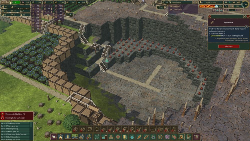 Timberborn screenshot showing a large empty crater. The bottom has a layer of dirt ready to be blasted with dynamite. The top is surrounded with levees.