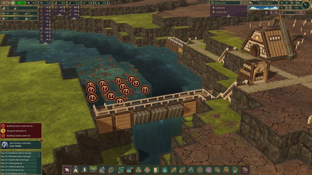 Timberborn screenshot. The flow of a river is being controlled with sluices.