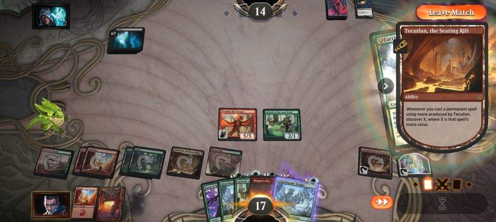 Magic the Gathering Arena screenshot showing an Earthquake Dragon and a Discover 15 trigger on the stack.