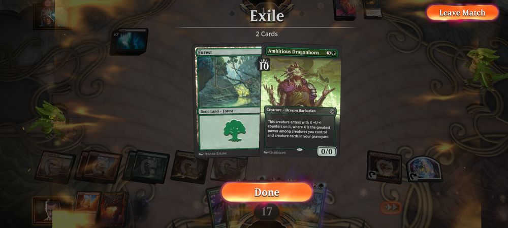 Magic the Gathering Arena screenshot showing the cards in exile from the Discover trigger. The card that would be played is an Ambitious Dragonborn that would come into play with 10 counters.