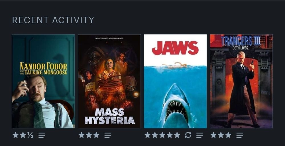 Letterboxd last 4
Nandor Fodor and the attacking mongoose 2.5 stars
Mass Hysteria 3 stars
Jaws 5 stars
Trancers 3 3 stars