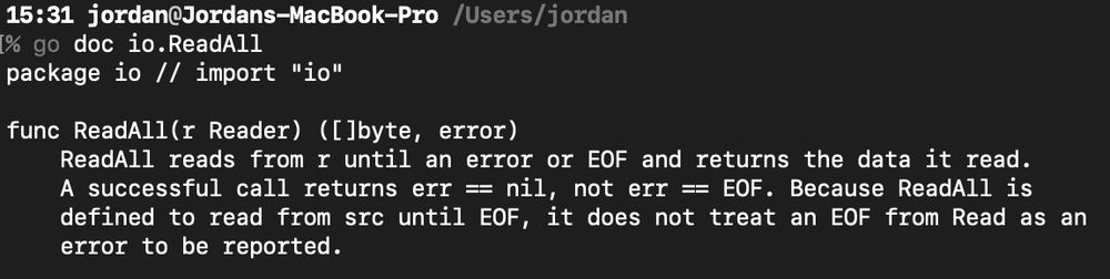 ReadAll reads from r until an error or EOF and returns the data it read. A successful call returns err == nil, not err == EOF. Because ReadAll is defined to read from src until EOF, it does not treat an EOF from Read as an error to be reported.