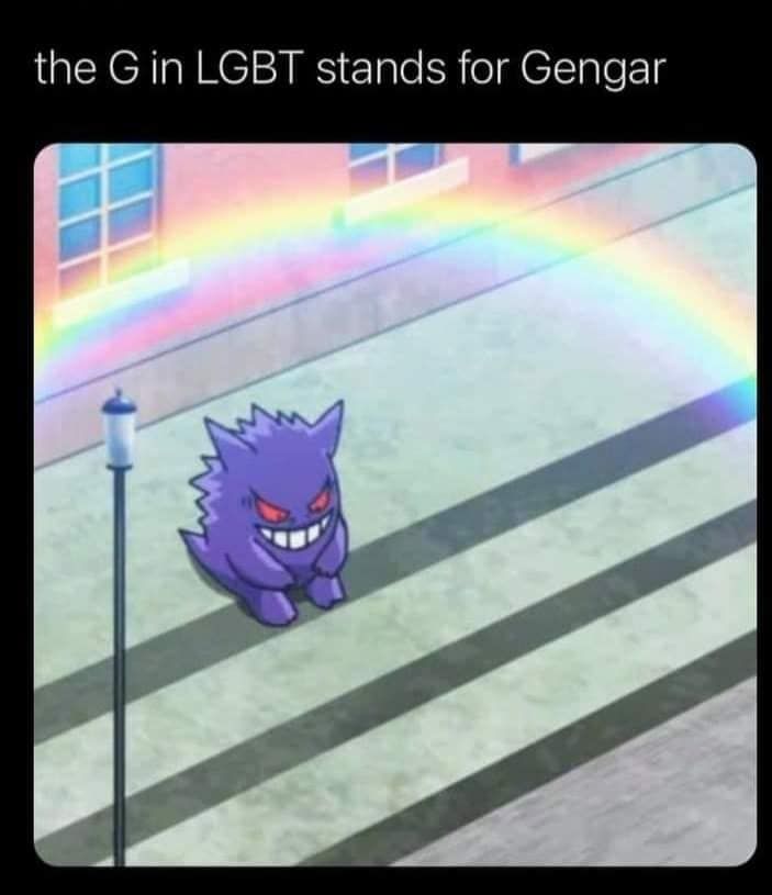 Gengar sitting under rainbow with text saying "the G in LGBT stands for gengar"