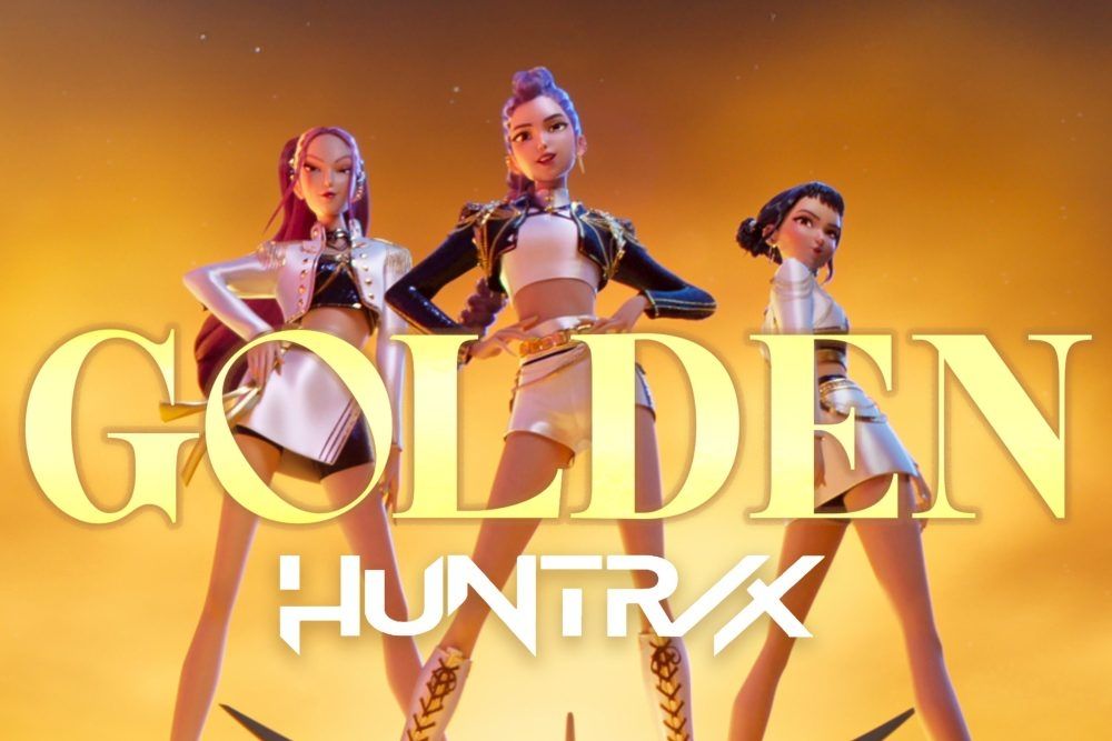 Image of Mira, Rumi, and Zoey of Huntrx (featured in KPop Demon Hunters) posing the boots house down in front of Golden title card