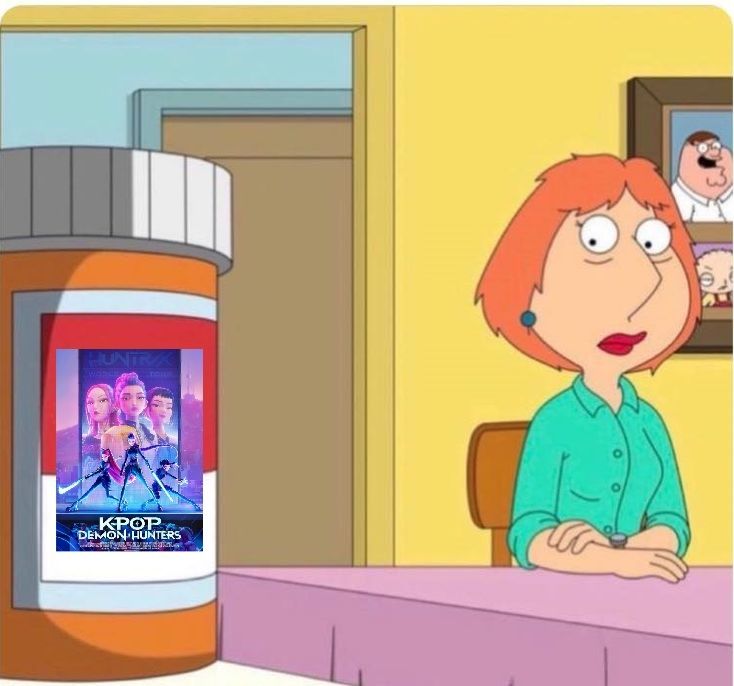 Meme of Louis from Family Guy looking at a pill bottle eagerly and obsessively. The pill bottle contains the KPop Demon Hunters movie poster.