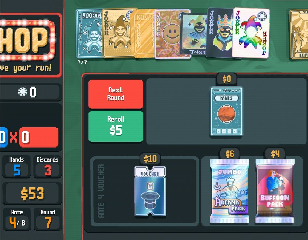 Balatro screenshot at Ante 4, jokers include a negative photograph and a negative baron