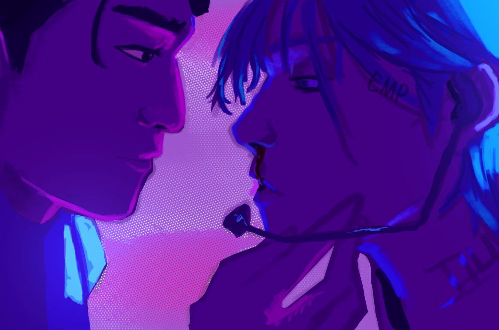 Two men are face to face, we see their side profiles. The lighting in the area is neon purples and blues. The man on the left has black hair and is staring directly at the one on the right. The man on the right has grey hair and a blank distant gaze, with blood dripping down his nose. The name "TILL" is printed on his neck, and he wears a headpiece microphone. This version is my redraw.