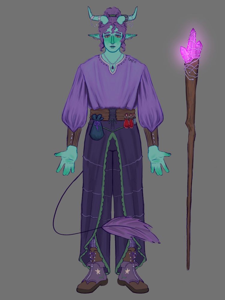 Drawing of a blue green tiefling stands facing the camera, generally symmetrical along the center. They have curly purple hair tied into a ponytail, silver jewelry and piercings on their horns, ears, and nose, a purple blouse with brown leather forearm cuffs, flowy dark purple wrap pants with green accents along the edges, purple and brown leather boots, a brown leather belt corset thing with a blue pouch and 3 potion bottles hanging off it, and a silver necklace with a galaxy looking pendant. Their tail swings in front of them.

On the right of the page is a wooden staff with purple crystals at the top wrapped in silver wire