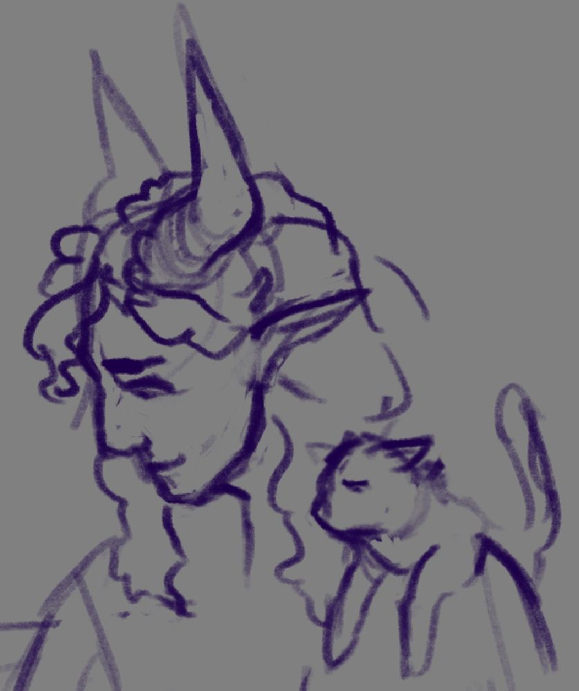 Sketch of a tiefling with wavy/curly hair looking down to the left with a content gaze. A displeased cat is draped over the shoulder on the viewer's right. 